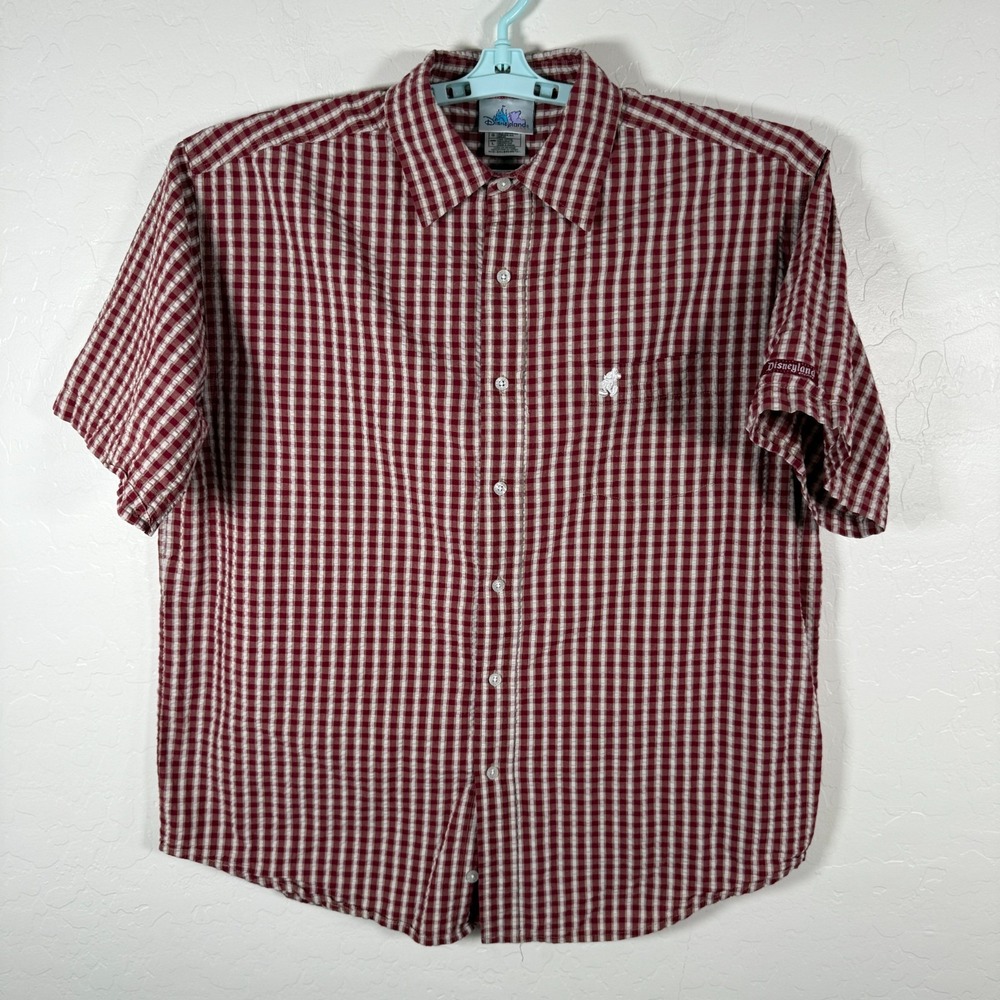 Vintage Disney Land Resort‎ Shirt Mens Large Red Button Up Seersucker Mickey